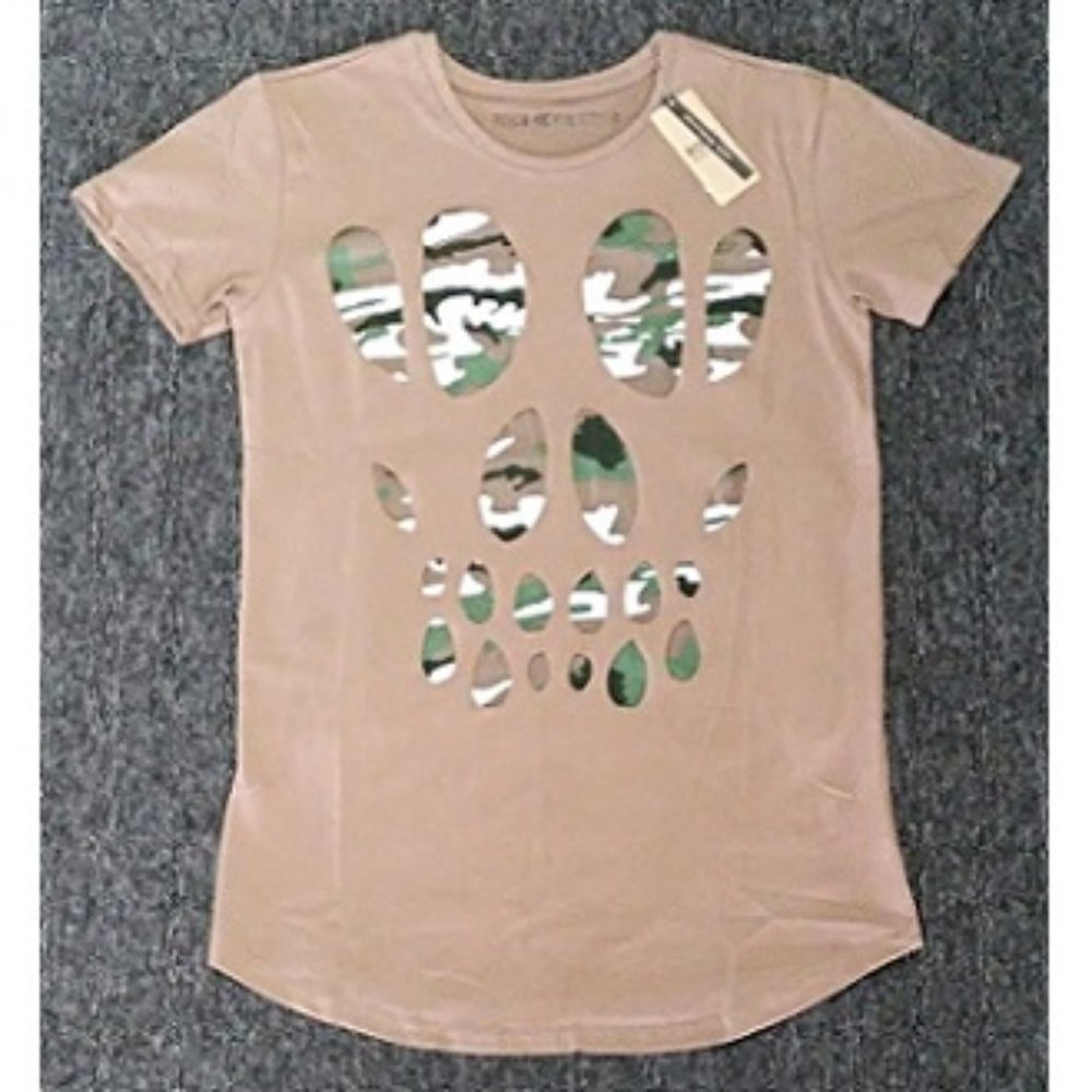 🆕 TAUPE SHORT SLEEVE T-SHIRT w/CAMO CUT-OUT FRONT - UNISEX